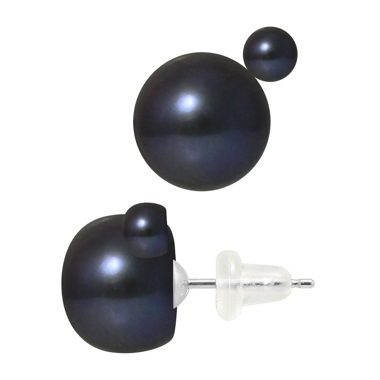Mitzuko Boucles d'oreilles Duo Argent Perles d'Eau Douce boutons noires