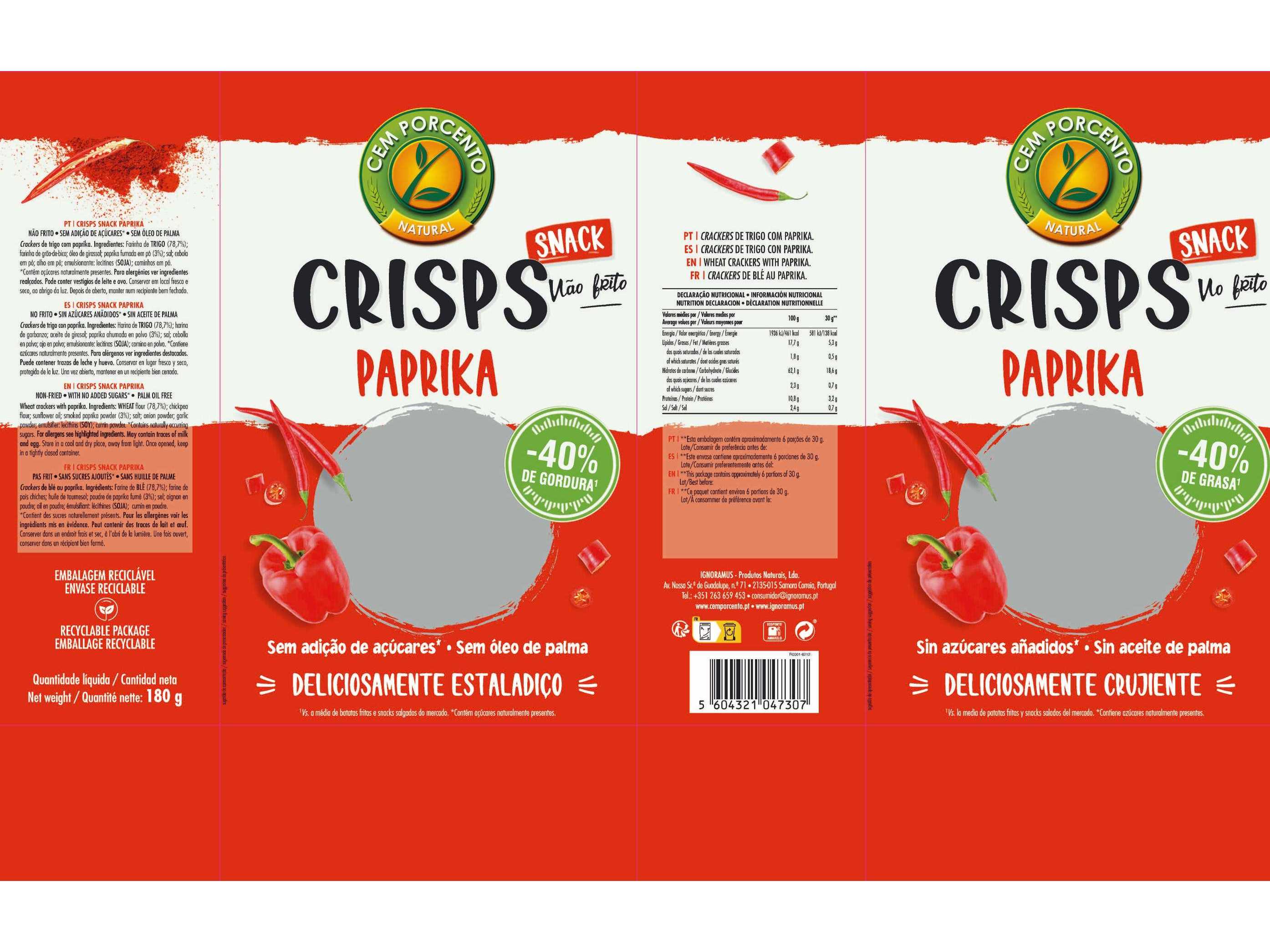 CRISPS CEM PORCENTO PAPRIKA 180G