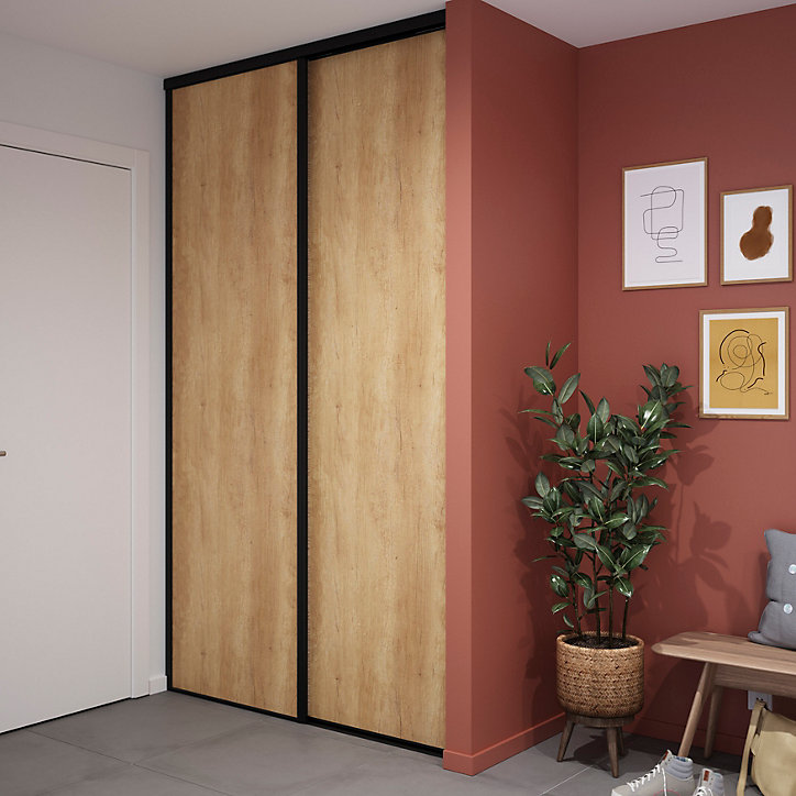 Porte de placard coulissante effet chêne brut profil noir GoodHome Arius H. 248,5 x L. 77.2 cm + amortisseurs