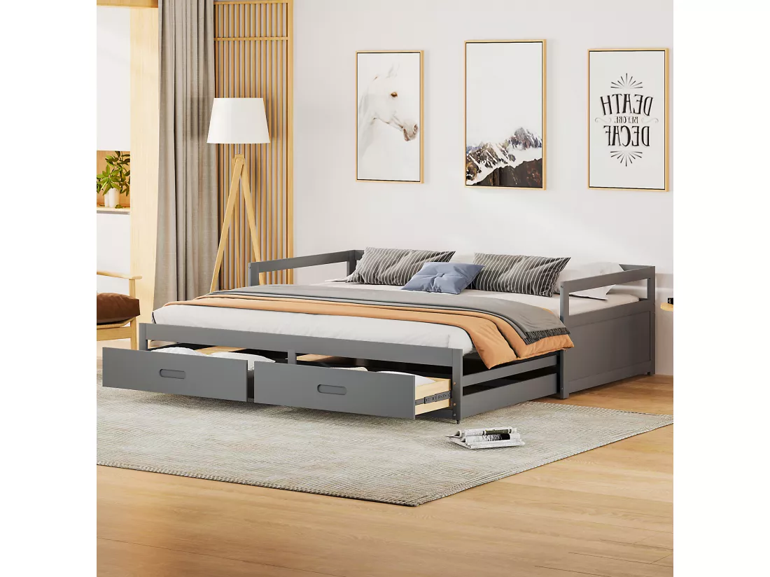 Lit gigogne 90 x 200 cm avec 2 tiroirs - Bois de pin - sommier à lattes - gris