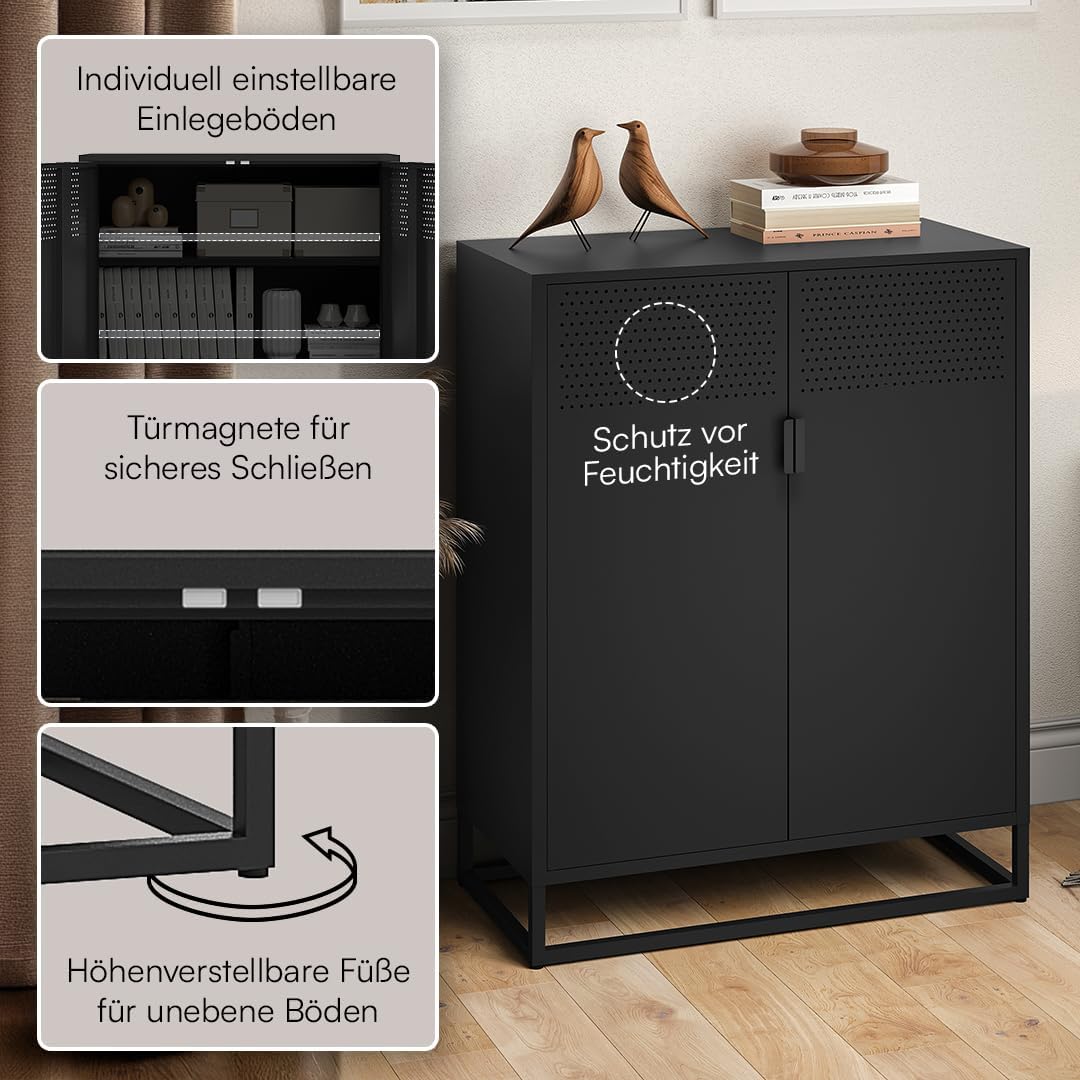 skølm Izar Metall Kommode – Wohnzimmerschrank in Schwarz – Metallschrank mit 2 Fächern & Doppeltüren – Sideboard für Wohnzimmer – Mehrzweckschrank 80 cm breit – Highboard Industrial Style