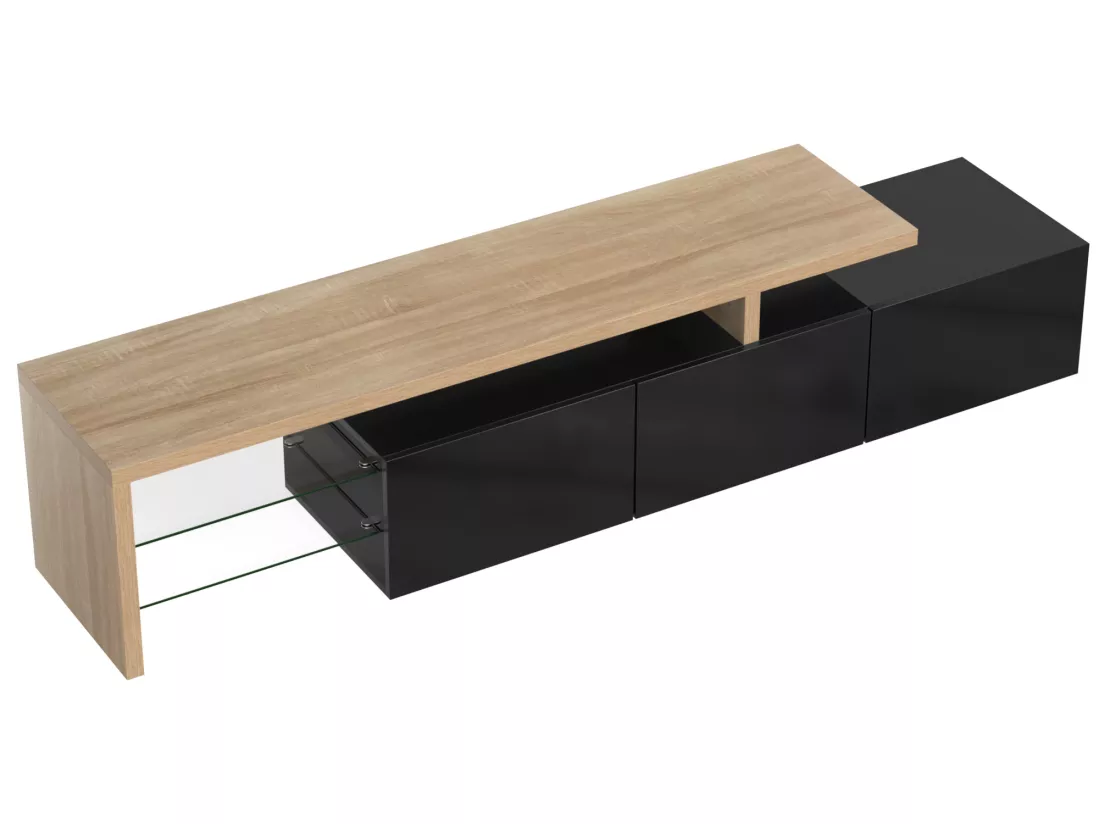 Meuble TV 200 cm - 3 portes et 2 compartiments en verre - style moderne - Noir & Naturel