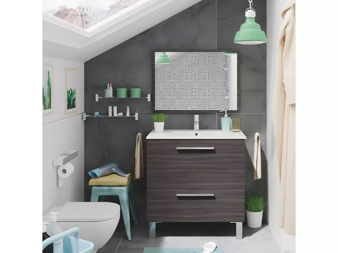 Meuble vasque 2 tiroirs 80 cm + vasque + miroir Gris Cendré - BANRU
