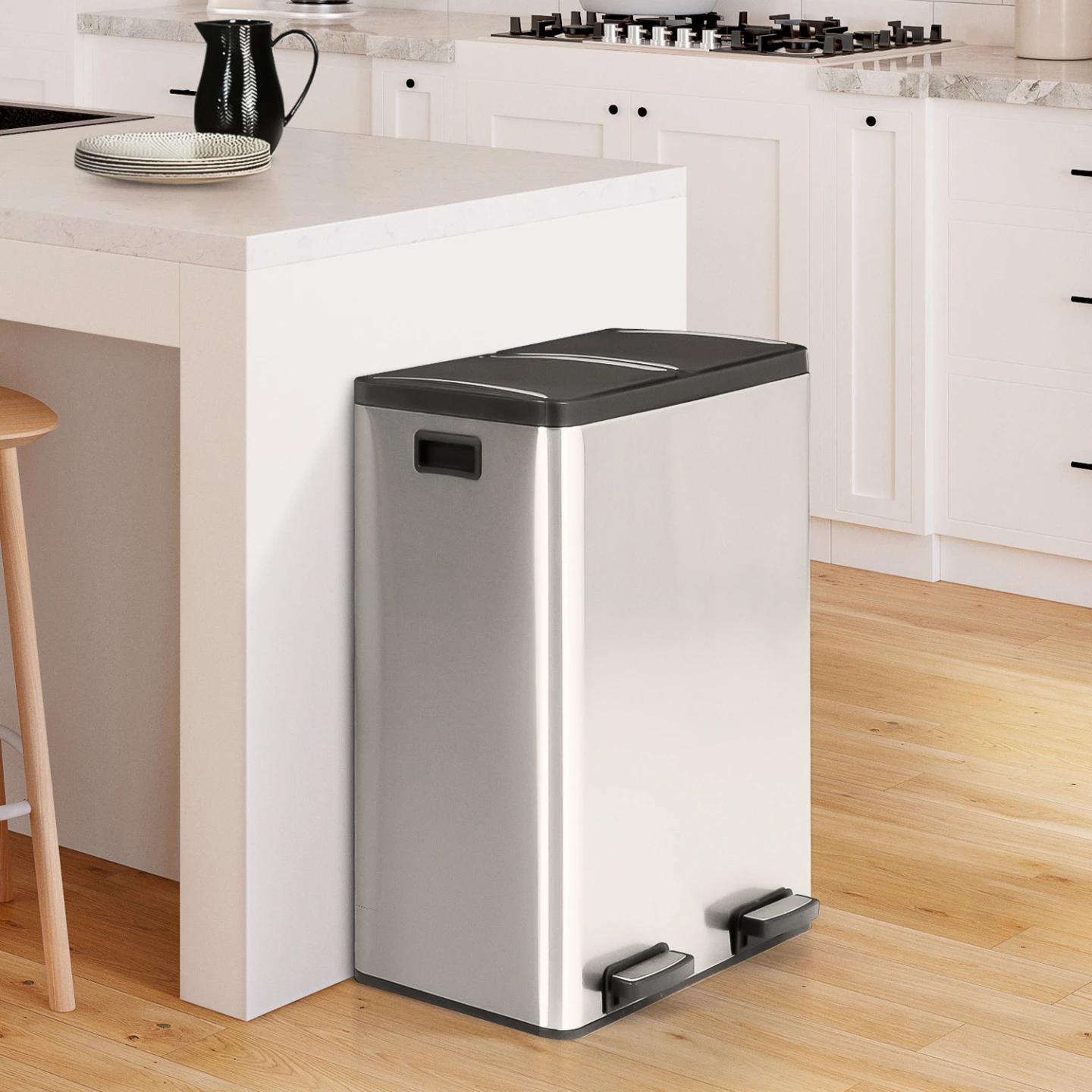 Poubelle de cuisine tri sélectif 2 x 30L métal argenté 2 seaux amovibles et pédales en métal