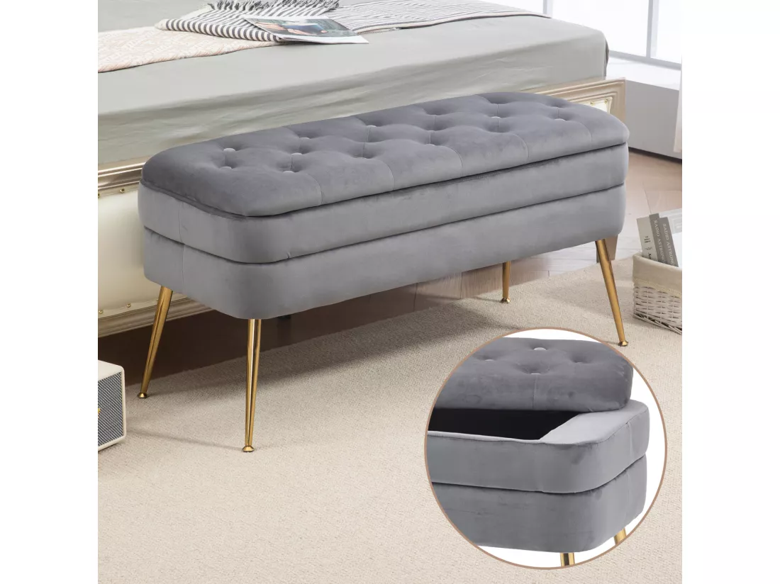 Banc rembourré ottoman de rangement, repose-pied pour entrée, salon et chambre à coucher, en velours, 104x40x51cm, gris