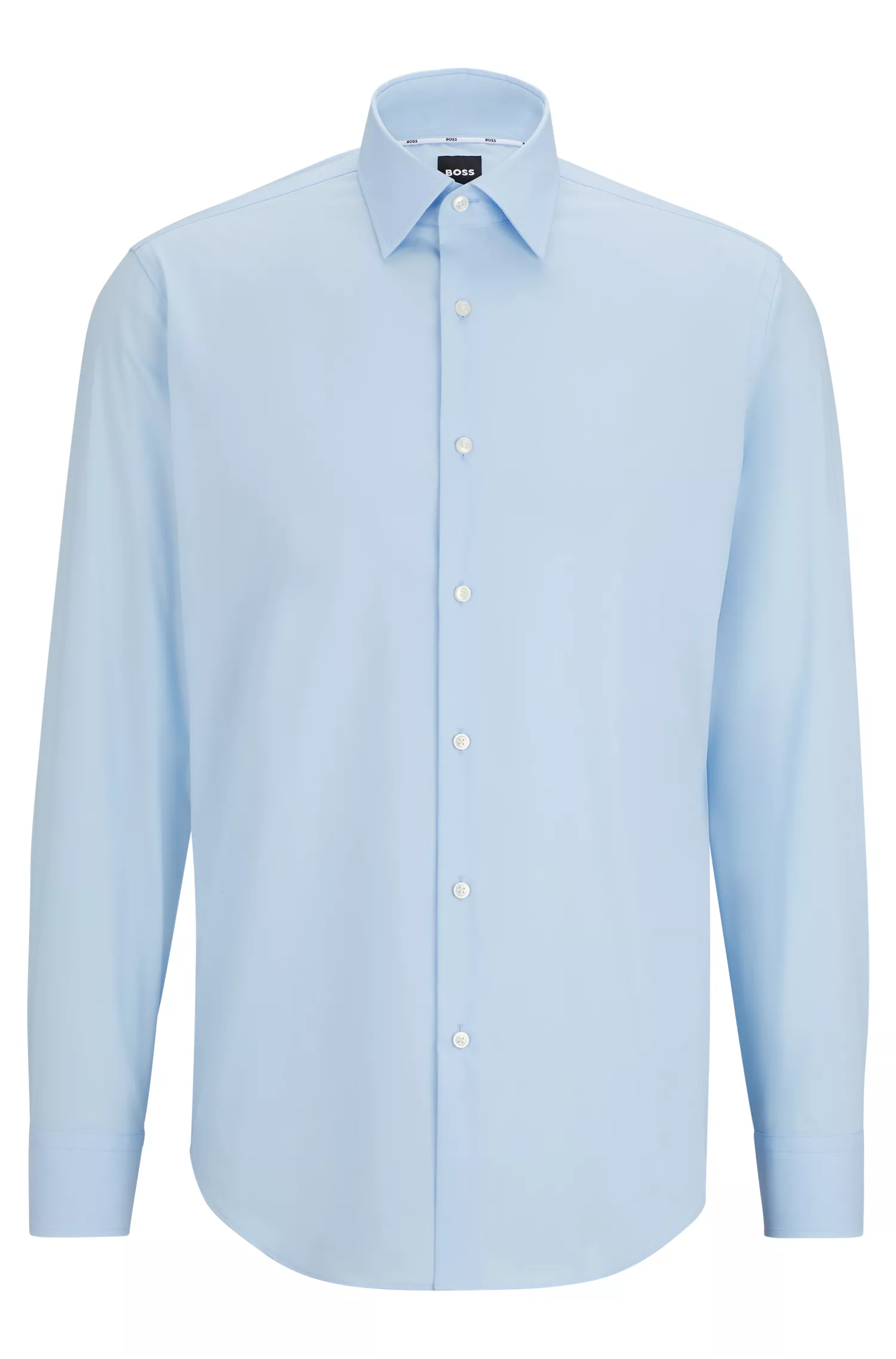 Camisa BOSS preta de corte regular em popeline de algodão elástico de fácil passar.