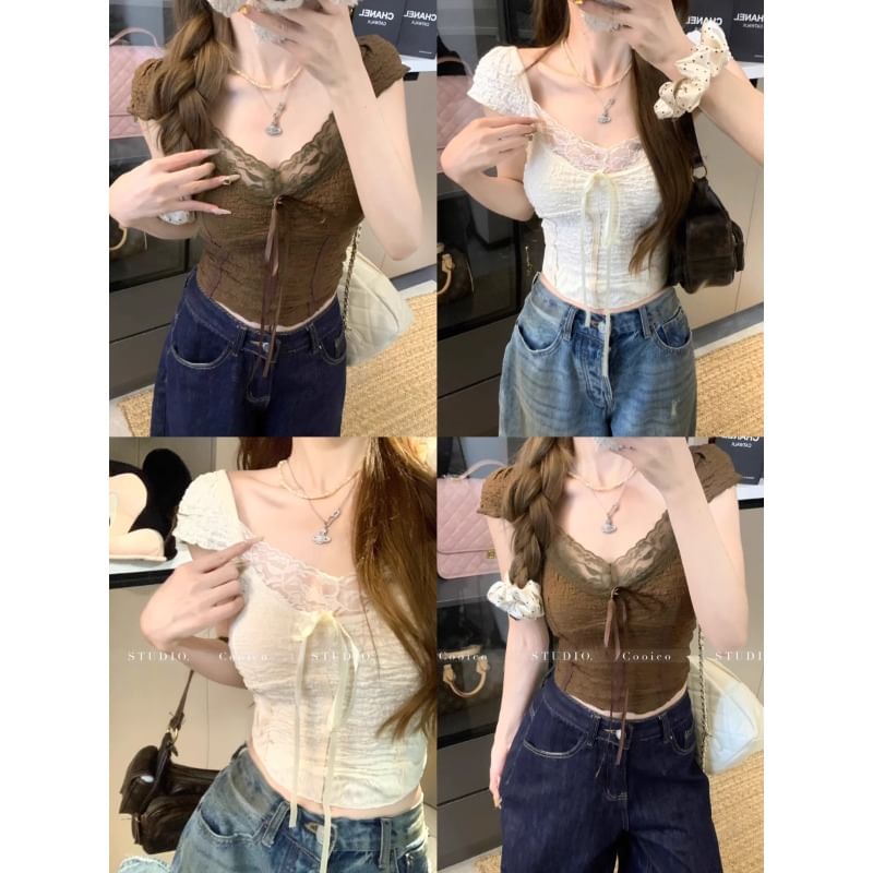 Secolo - Blouse met korte mouwen, ronde hals, kanten rand en strik