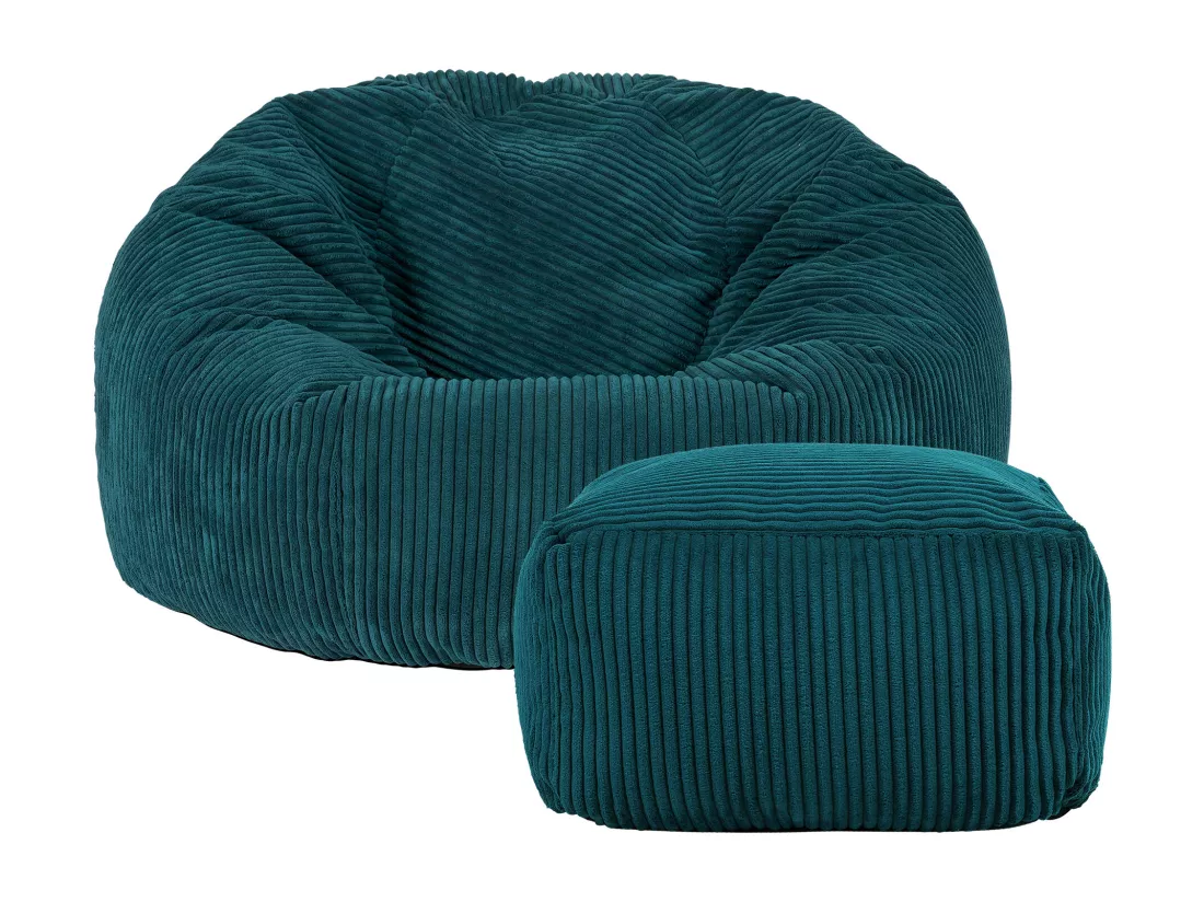 Pouf classique et son repose-pied velours côtelé, bleu canard - KINGSTON