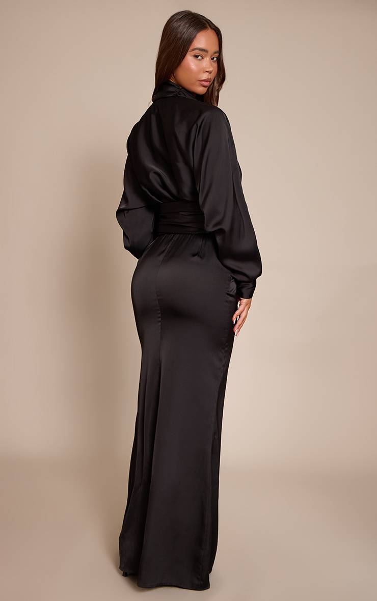 Noir Robe Longue Satinée À Manches Longues Et Décolleté Plongeant Plt Label