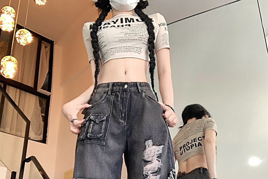 RONIN - Lage taille, gewassen, geripte cargojeans met wijde pijpen en franjes