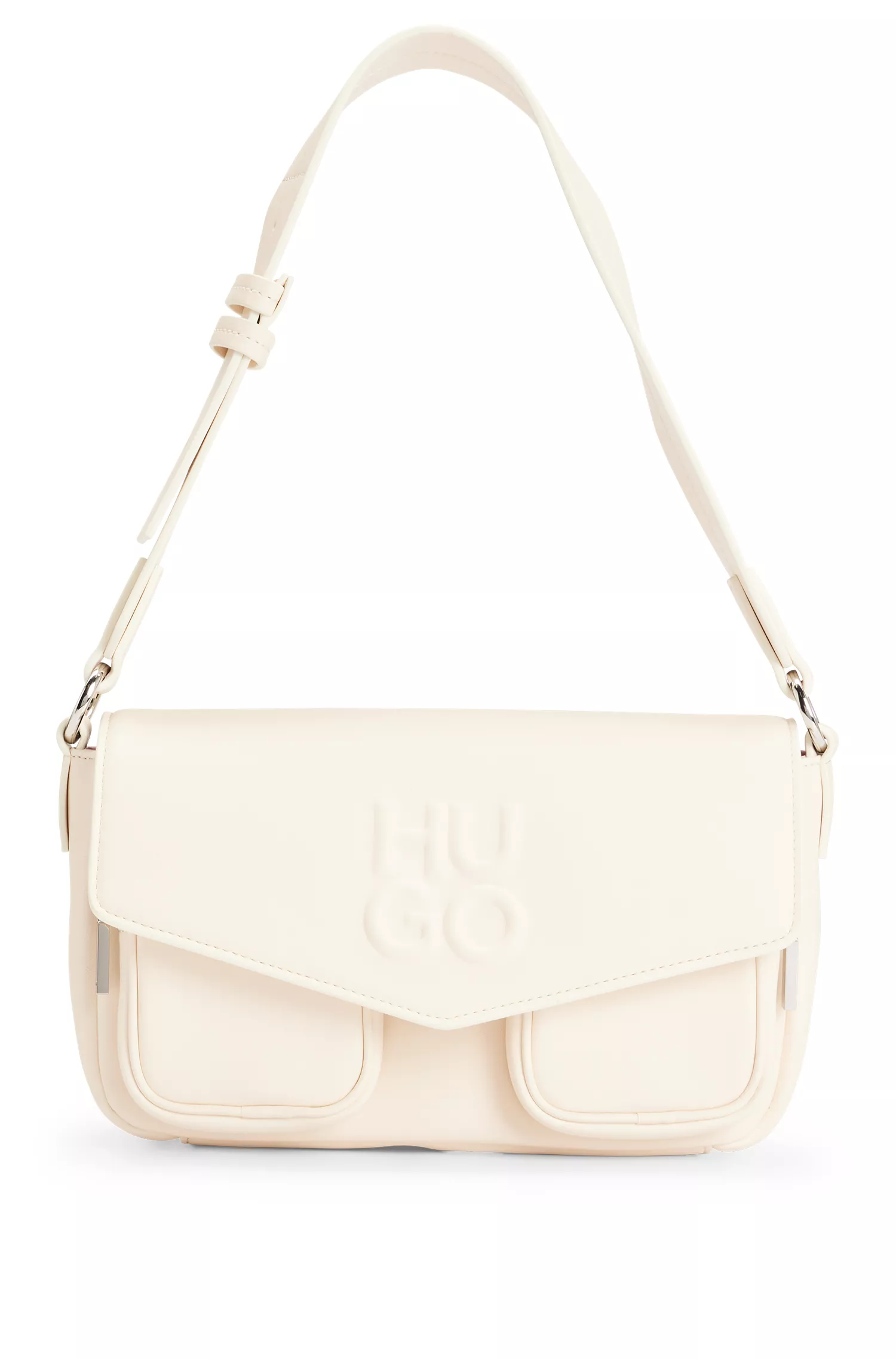 Bolsa de ombro HUGO vermelha em couro sintético com logotipo em relevo sobreposto.