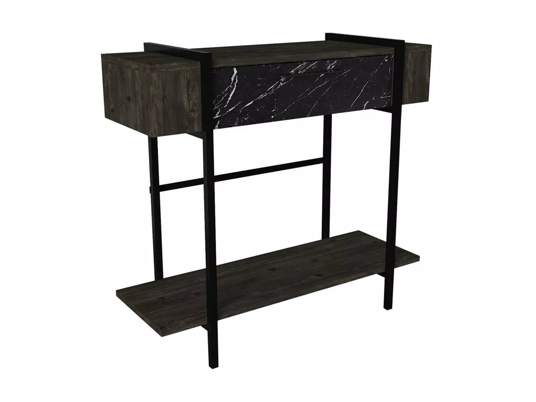 Console avec 1 porte et 1 étagère - Naturel foncé et effet marbre noir - CHENOA