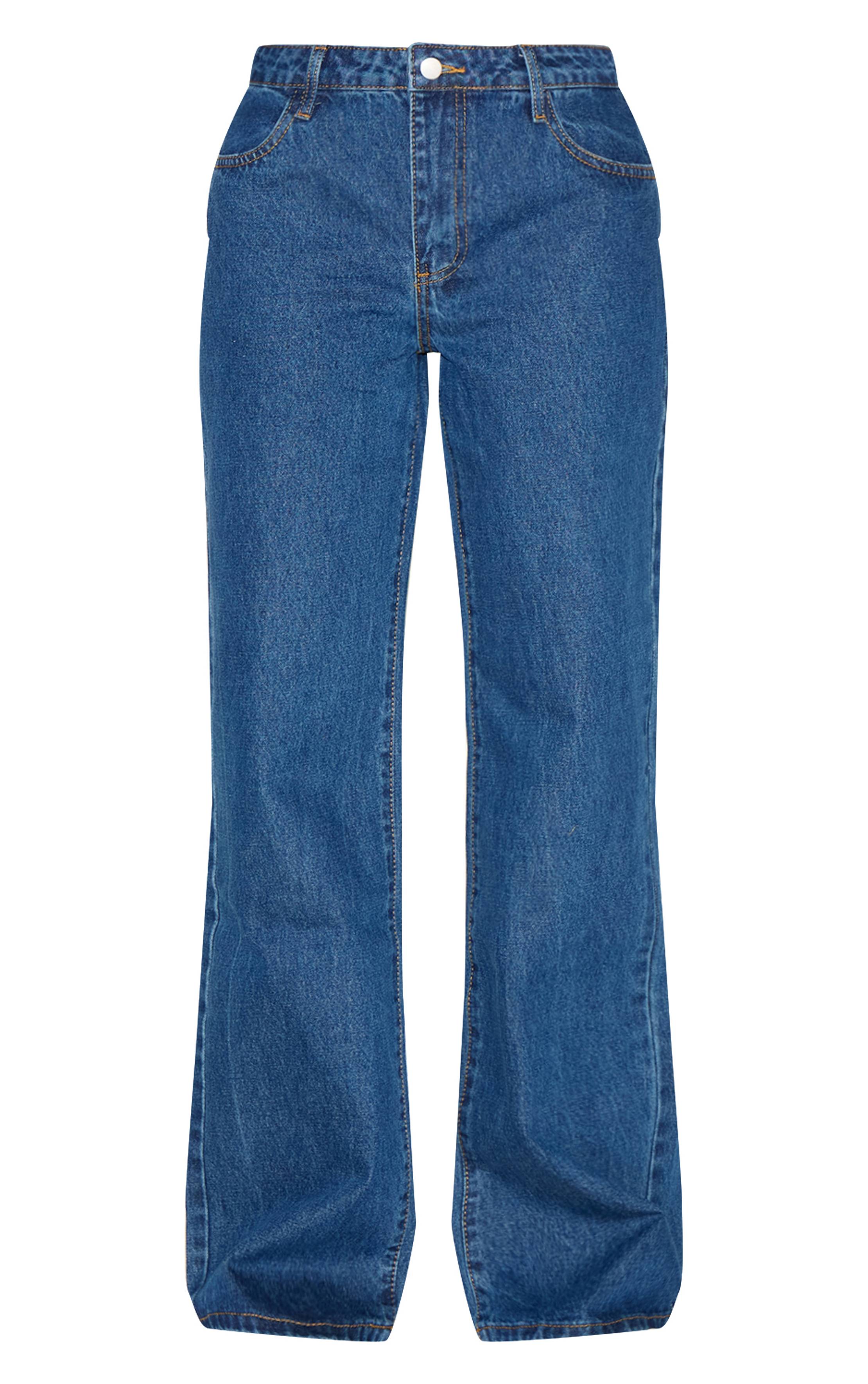 Bleu Foncé Jean Droit Taille Mi-haute