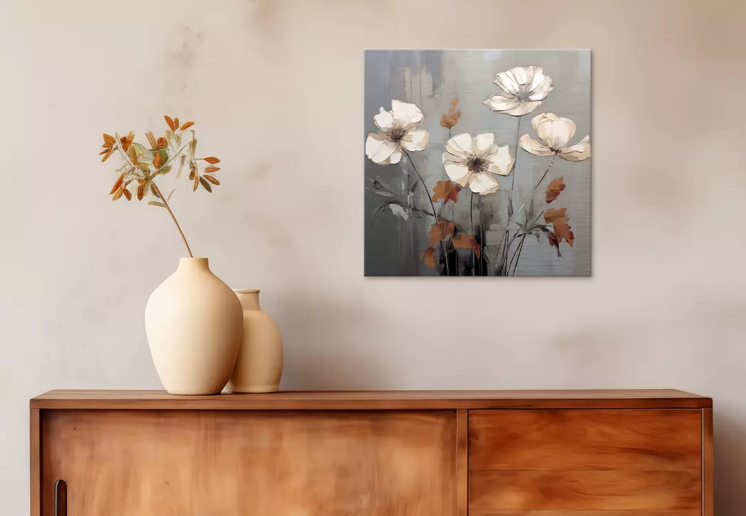 Wandbild 30 x 30 cm White Flowers On Silver I