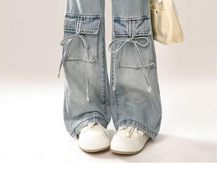 Bay Go Mall - Set: High Waist Heart Accent Wide Leg Cargo Jeans + Riem
