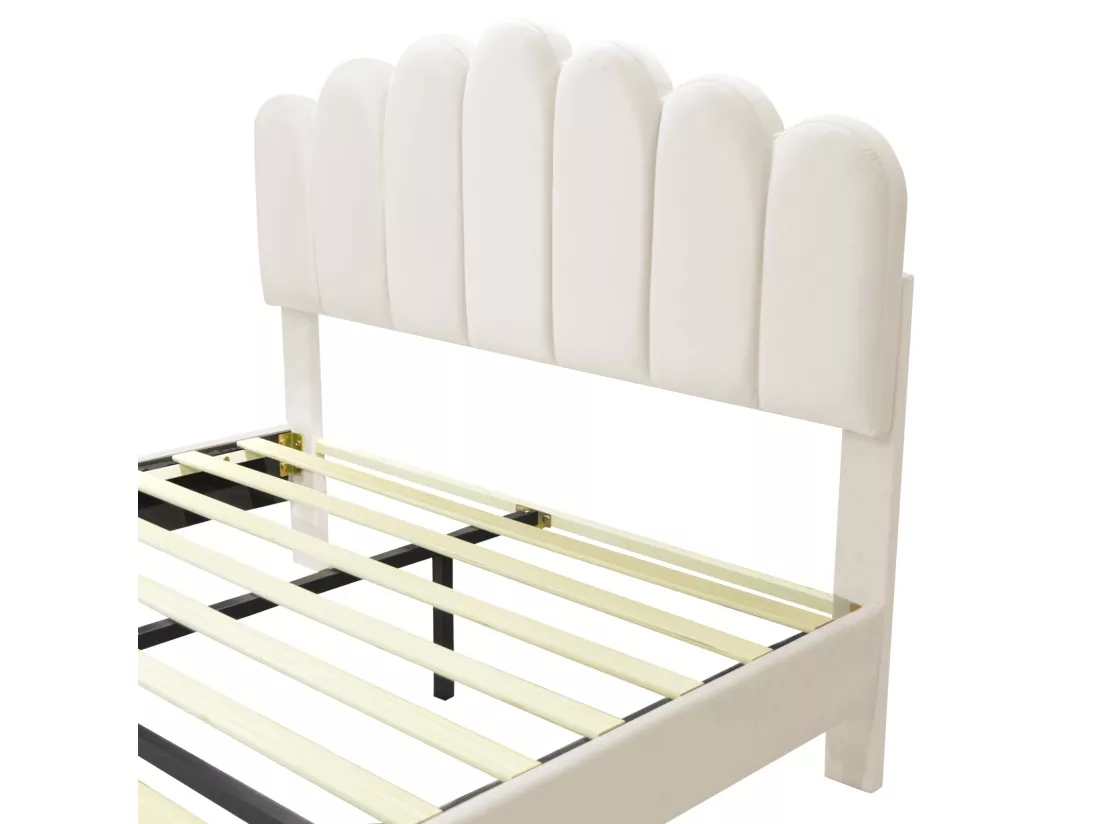 Lit double rembourré en velours - 140x200cm - tête de lit en forme de fleur - avec sommier à lattes - Beige