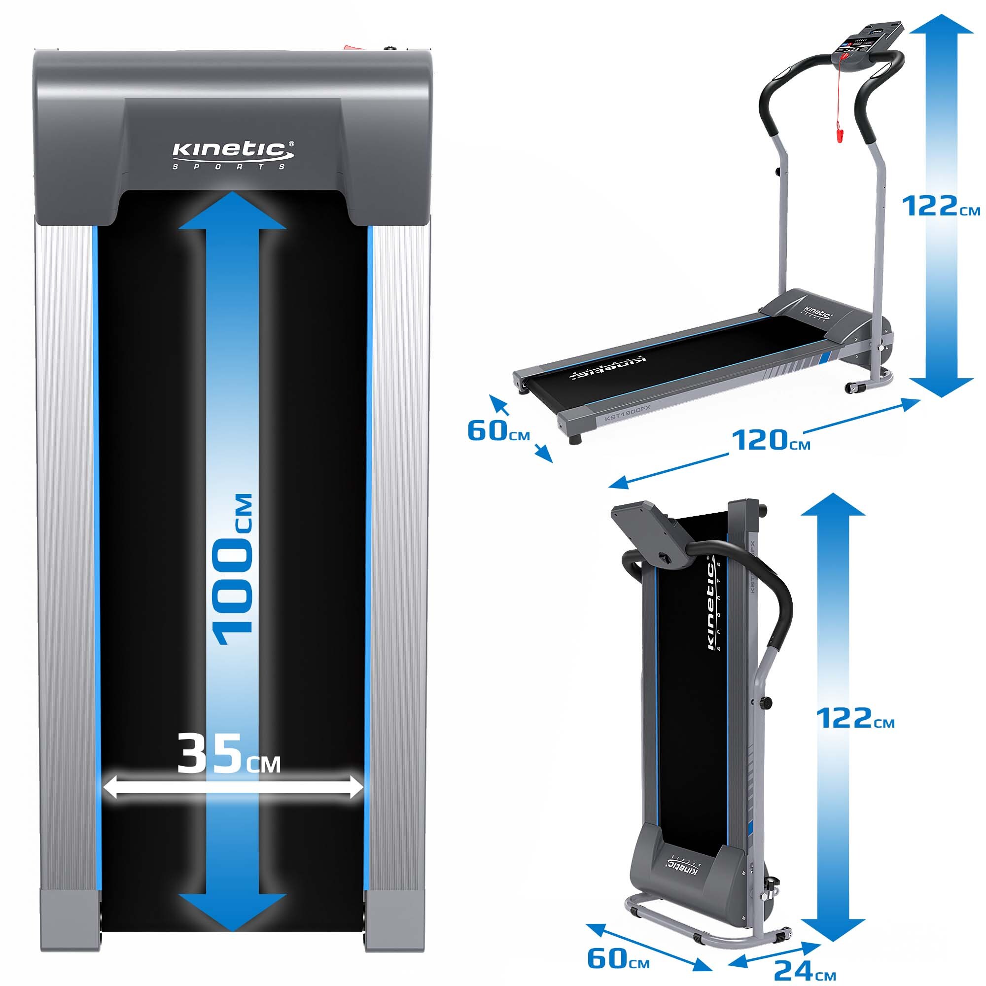 KINETIC SPORTS Laufband klappbar KST1900FX mit 750 Watt Elektromotor, LCD-Display, Trainingscomputer mit 3 Programmen, Geh- und Lauftraining, stufenlos einstellbar bis 10 km/h, kompakt verstaubar