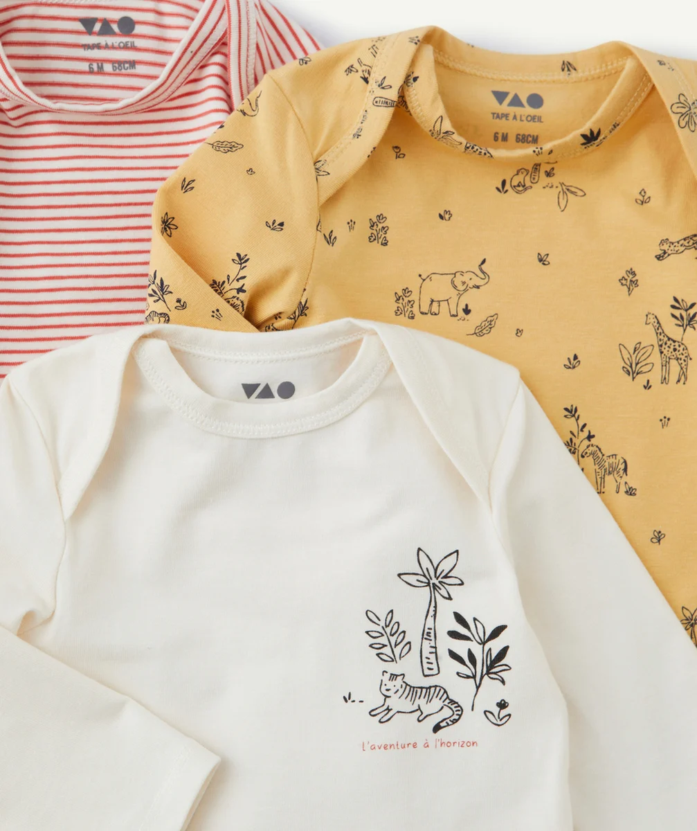 LOT DE 3 BODIES BÉBÉ EN COTON BIO IMPRIMÉ À RAYURES THÈME NATURE