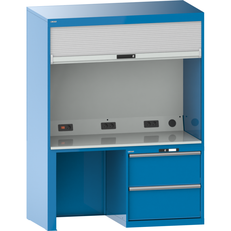 Quality Station Lista H 190 x L 143,4 x P 72,5 cm, 2 tiroirs, rideau gris, fermeture à clé