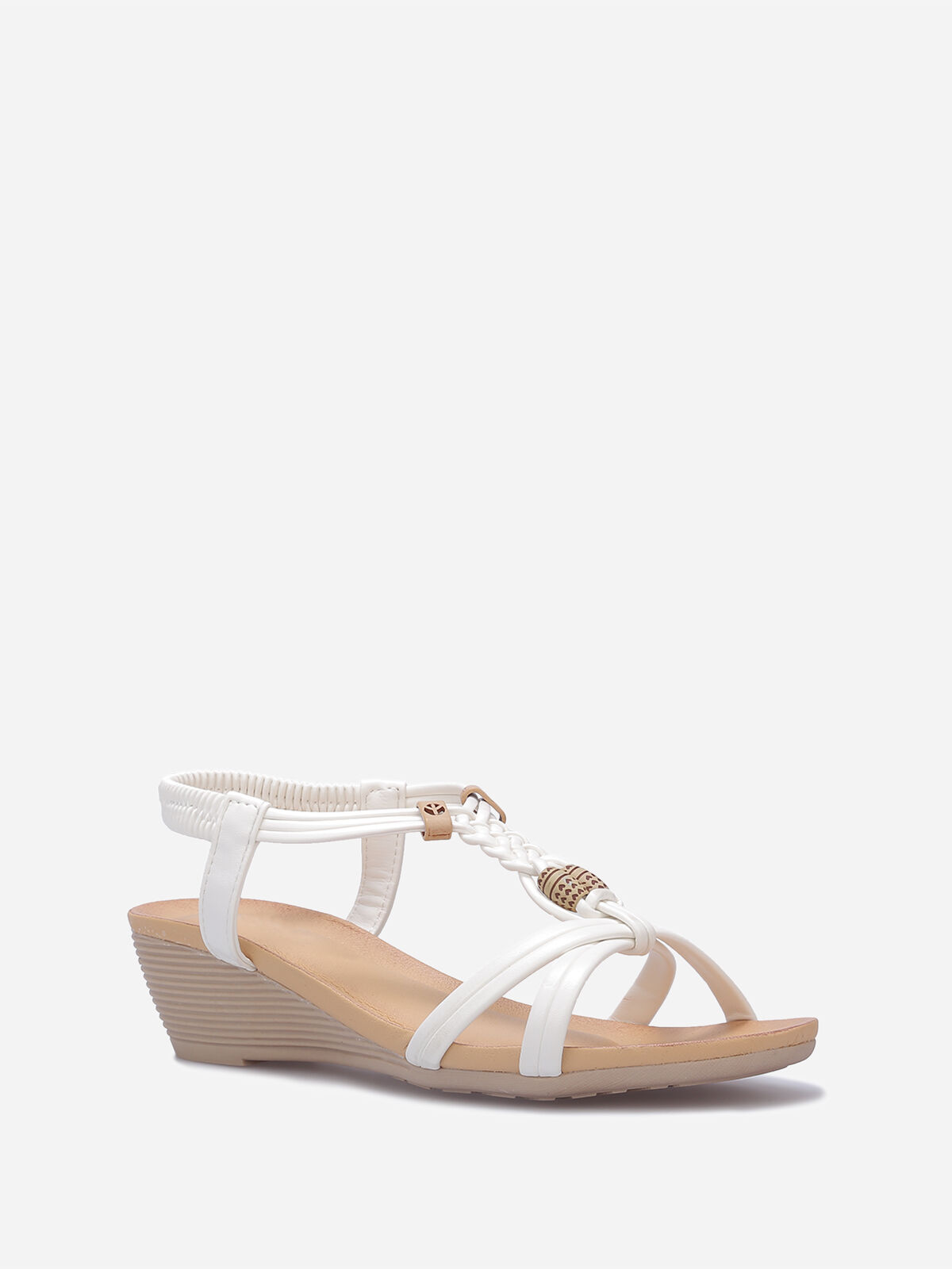Sandales compensées à perles effet bois- Blanc