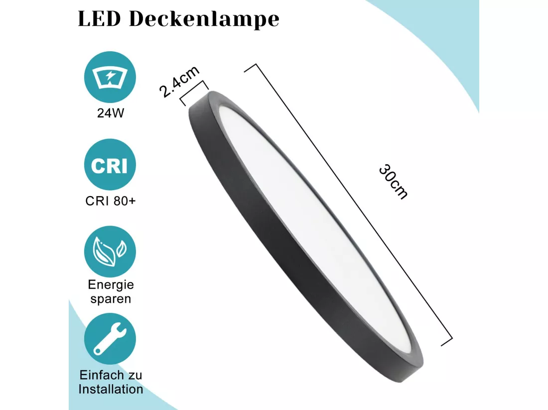 NETTLIFE Plafonnier LED Ø 30 cm - 24 W, Noir, 3000 K - Éclairage moderne cuisine, salle de bain, couloir, chambre