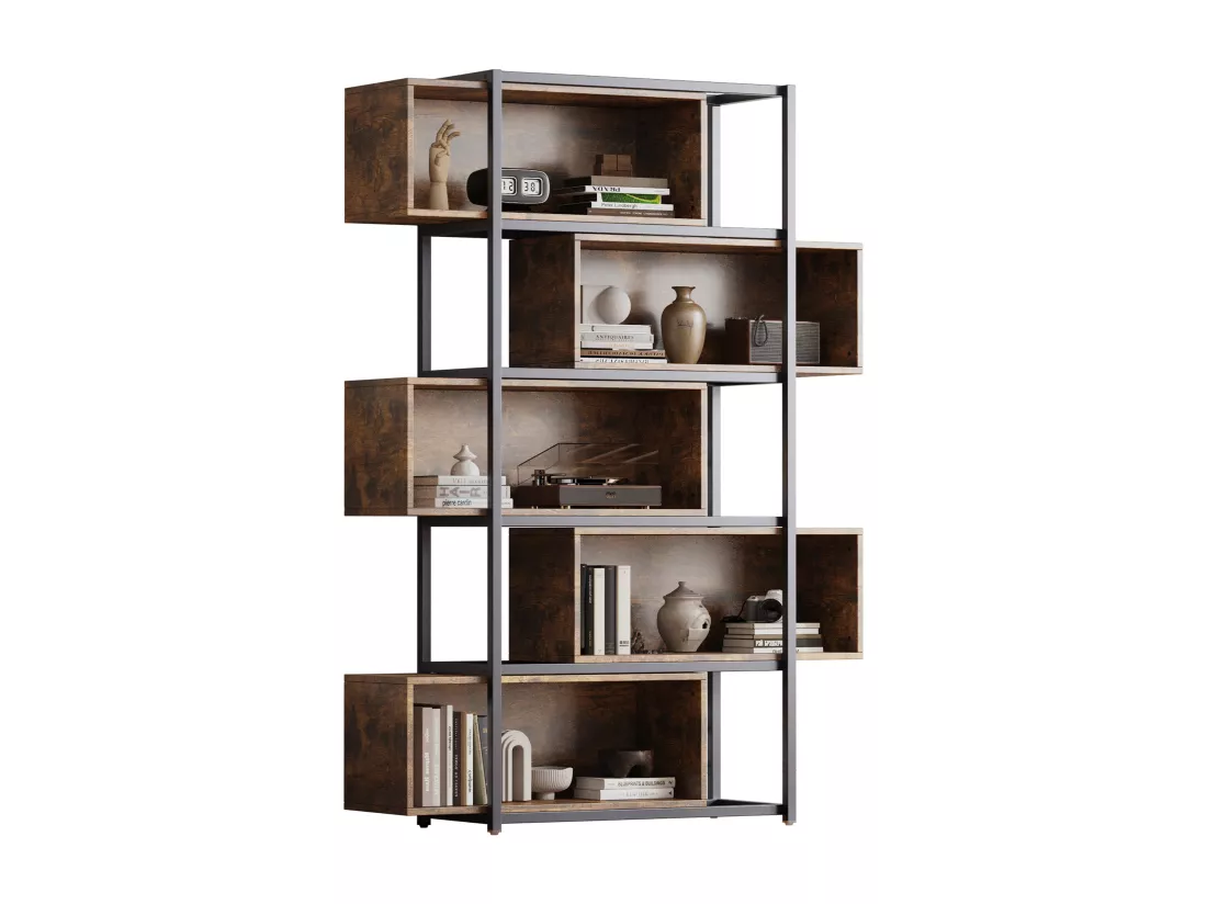 Bibliothèque à 5 niveaux avec étagères - 121 x 35 x 176 cm - Marron