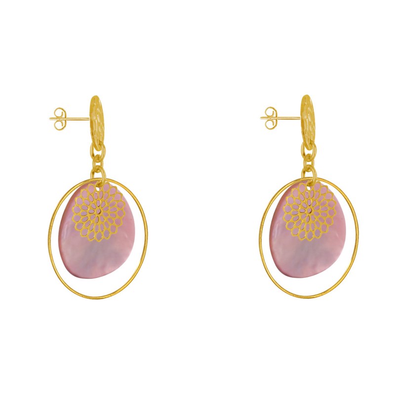 Boucles d'Oreilles Clous Métal Doré Cercle et Pastille de Nacre