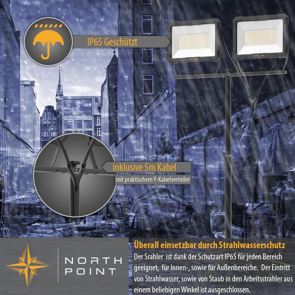 Northpoint LED Blackline Baustrahler Arbeitsstrahler mit Stativ Fluter Strahler 300W (2x 150W) Leistung 24000 Lumen Lichtstrom 170cm Stativ 5m Zuleitung AN/AUS Schalter