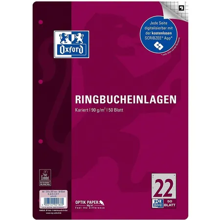 Oxford Ringbucheinlagen ohen Rand, pflaume, A4, karriert, 50 Blatt