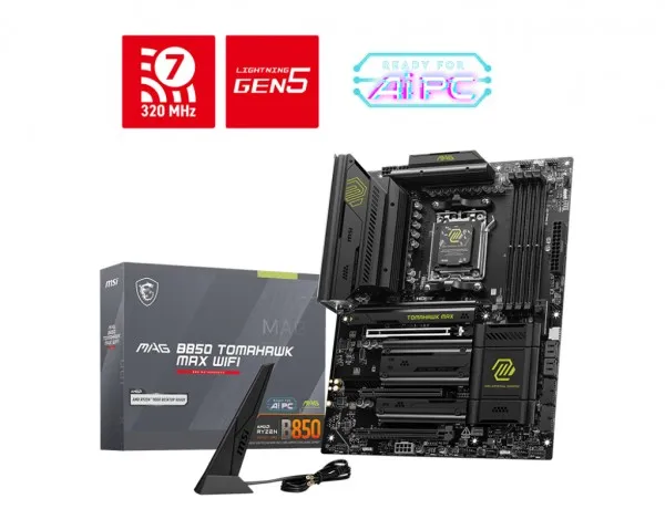 MSI MAG B850 TOMAHAWK MAX WIFI - Bundkort - ATX - Socket AM5 - AMD B850 Chipset - USB-C 3.2 Gen 2x2, USB-C 3.2 Gen2, USB 3.2 Gen 1, USB 3.2 Gen 2 - 5 Gigabit Ethernet, Wi-Fi 7, Bluetooth - onboard grafik (CPU påkrævet) - HD Audio (8-kanaler)