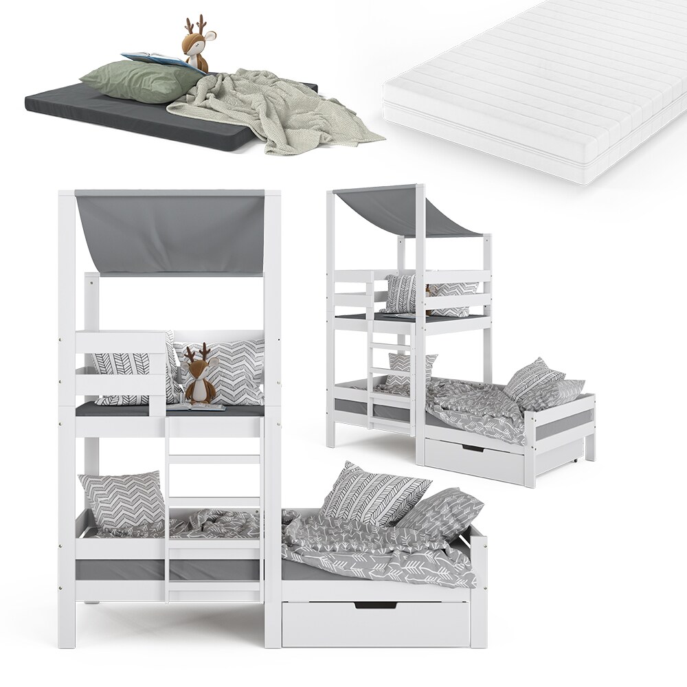 VitaliSpa Spielturmbett Kinderbett Spielbett Tom Weiß modern 204x218 cm Massivholz Kinderzimmer Lattenrost Bettleiter Bett Schublade Matratze Abenteuerbett Kletterbett