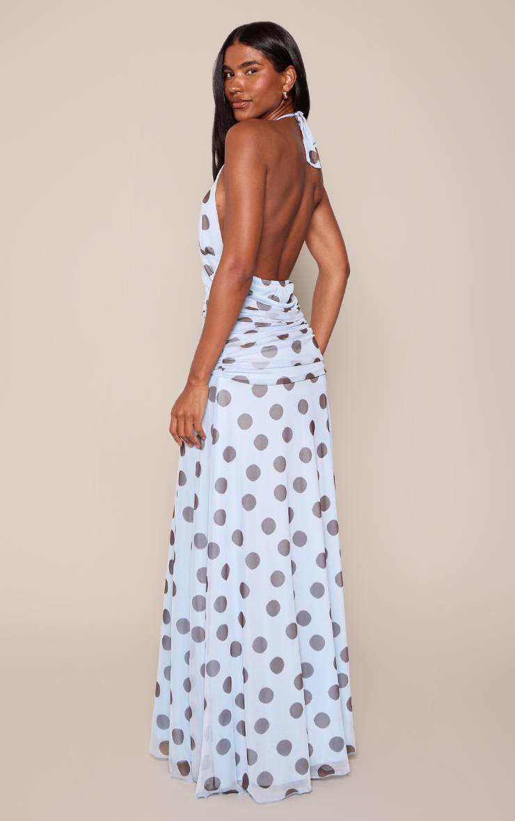 Bleu Robe Longue À Pois En Mousseline Avec Encolure Dos-nu