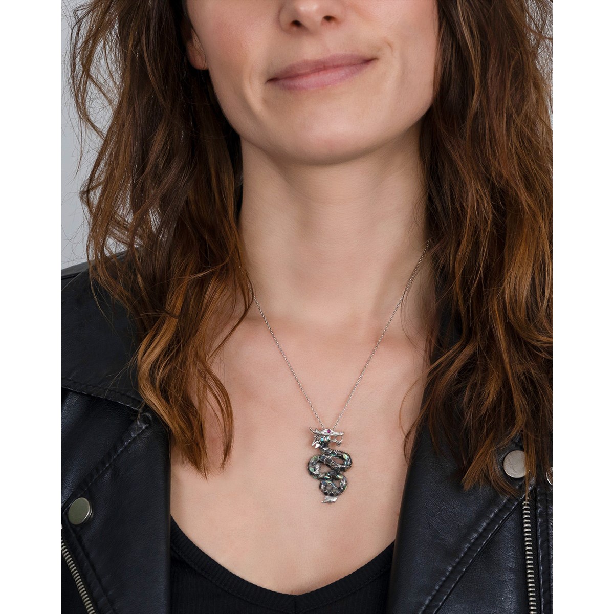Pendentif Dragon en Argent Massif, Nacre Abalone et Zirconium Rouge - Bijou Captivant