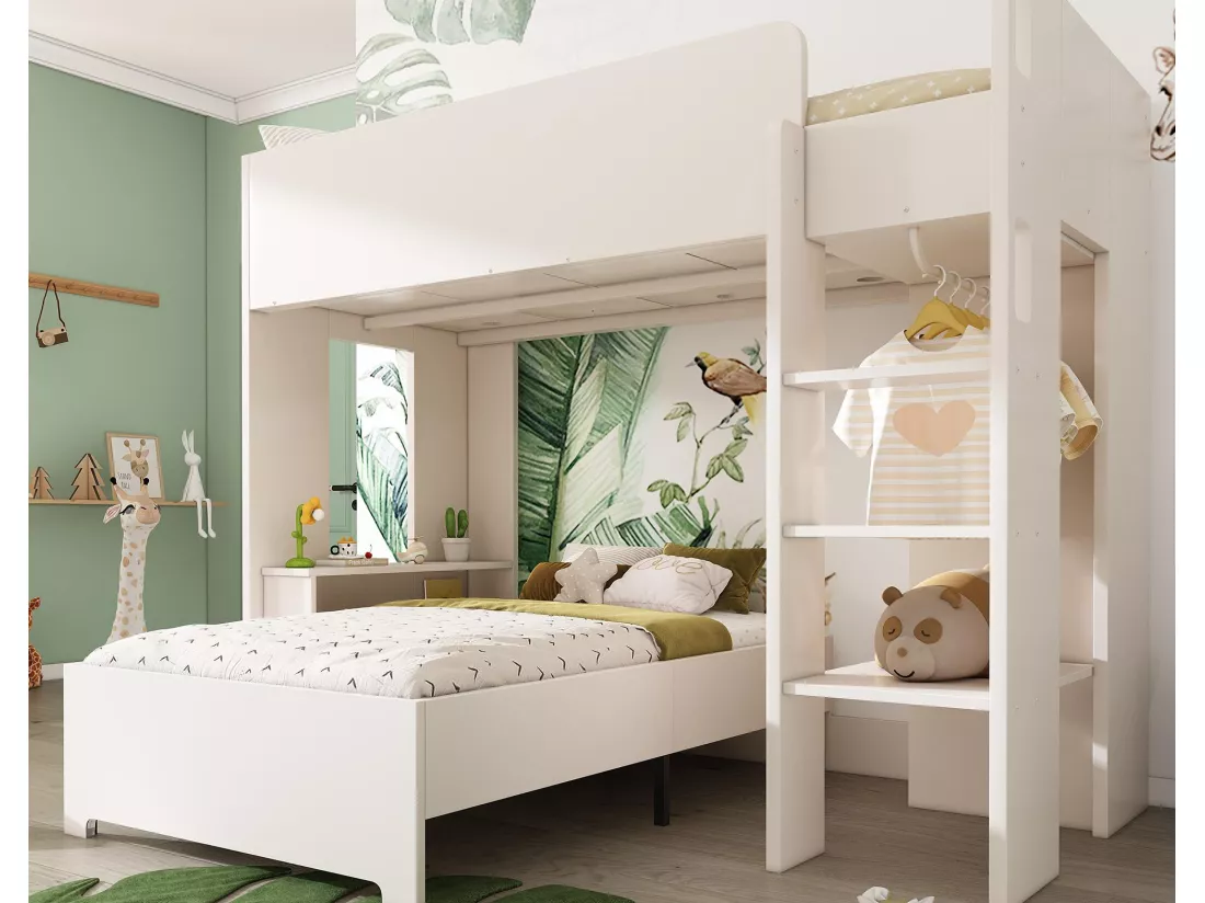 Lit superposé 90 x 200 cm - avec penderie + bureau - étagères ouvertes - avec escalier - blanc (matelas non inclus)