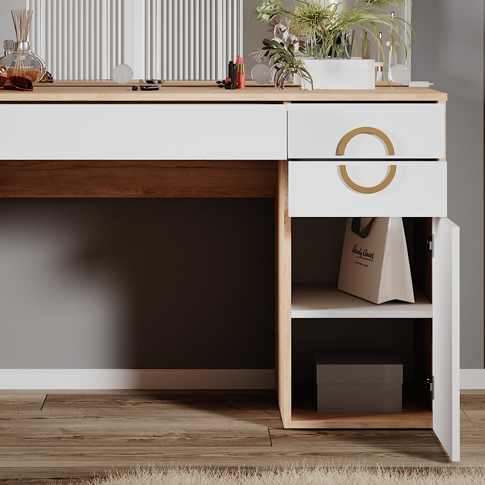 Vicco Schminktisch Adela Natural Rockford Hickory Weiß, 115 x 76 cm Spiegel, LED