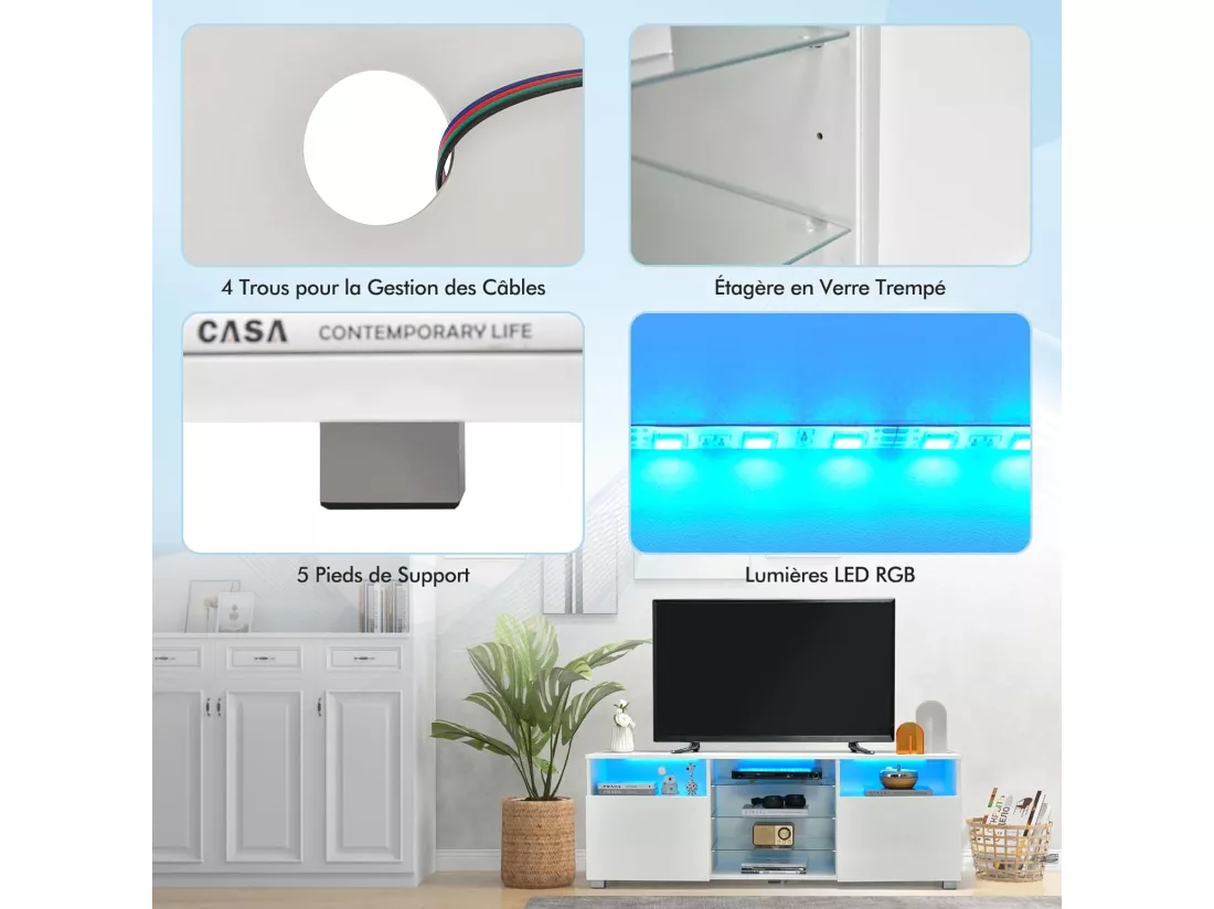 Meuble tv avec éclairage led 20 couleurs, 2 compartiments, meuble pour tv 60