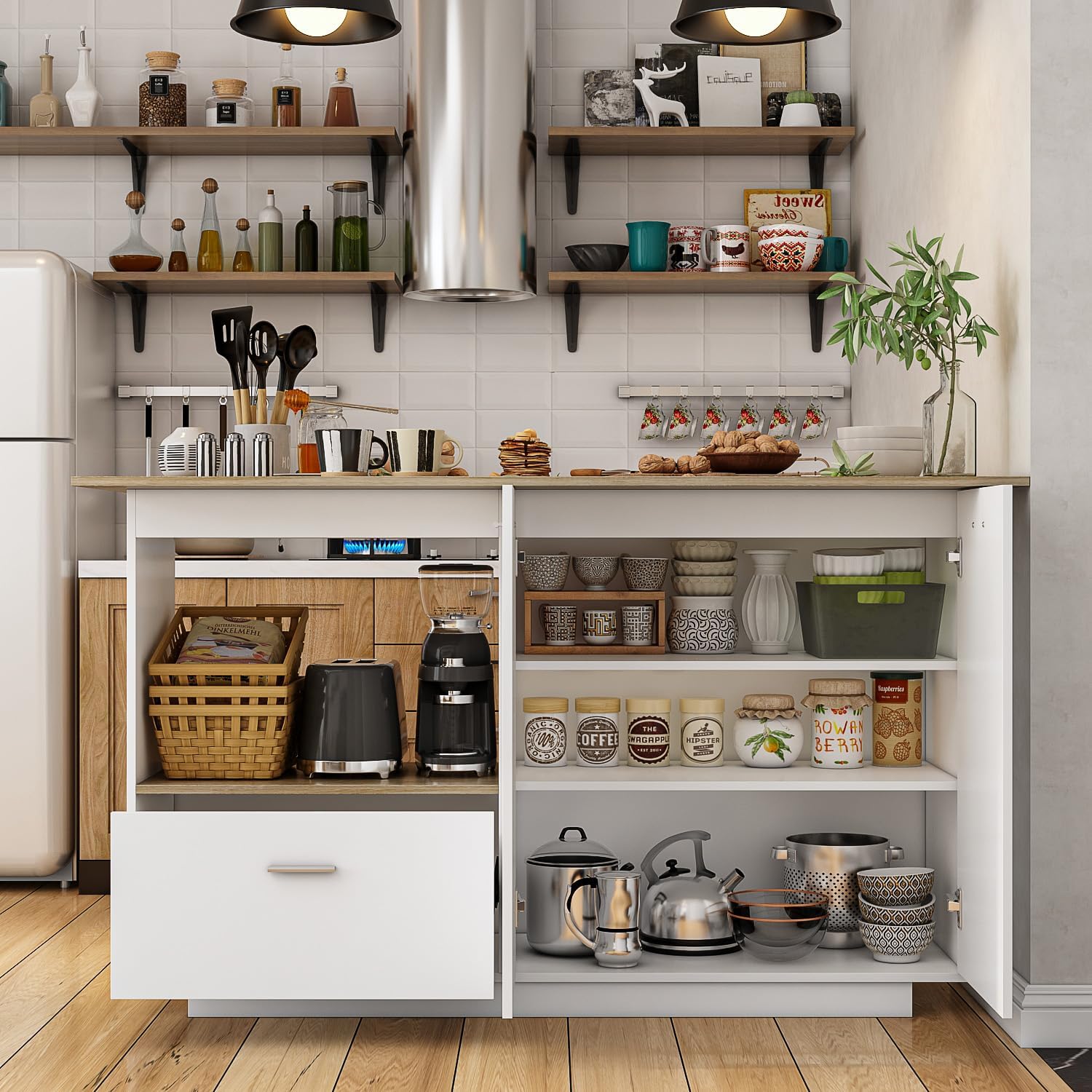 Caldion Kücheninsel mit Arbeitsplatte,Küchenwagen mit Schubladen,Küchenschrank mit Verstellbare Schotten,Buffetschrank Holzfarbe und Weiß,Kücheninselschrank,150x40x91cm
