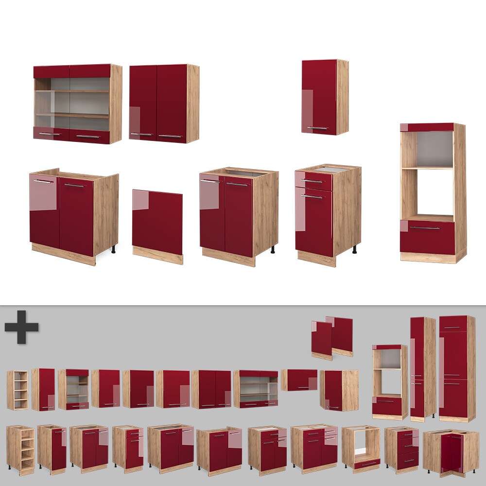 Vicco Küchenzeile Küchenblock Einbauküche Fame-Line Eiche Bordeaux Rot 300 cm modern Küchen Schränke Schubunterschrank Unterschrank Spülenunterschrank Hängeschrank Mikrowellenschrank Geschirrspülerblende