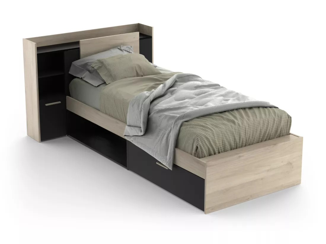Lit modulable 90 x 190/200 cm avec rangements - Noir et naturel + Sommier - MARTELO
