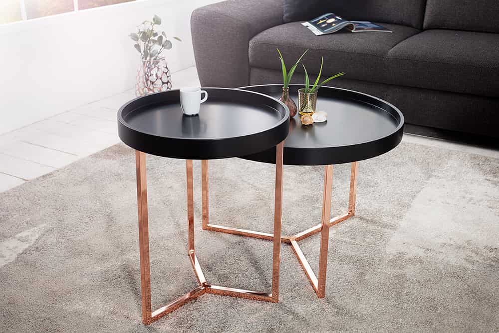 Extravaganter Couchtisch MODULAR 60cm matt schwarz kupfer rund inkl. Tablett
