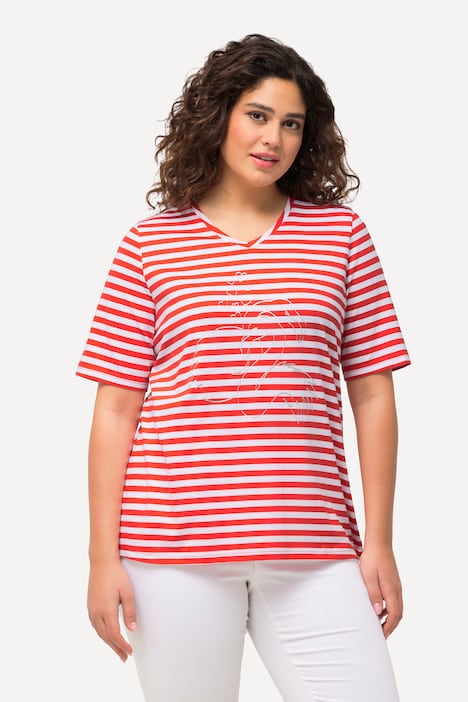 Shirt, Ringel, Metallic-Tier, V-Ausschnitt, Halbarm