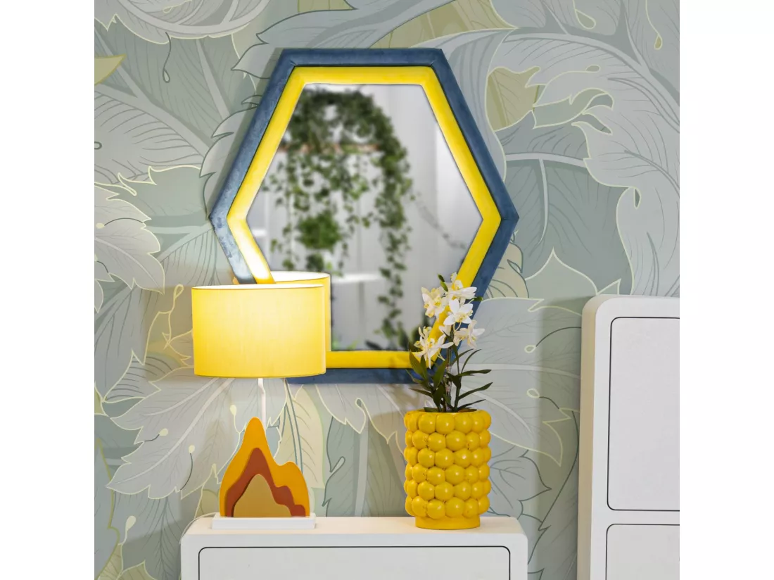 Miroir Hexagonal de Mur tony en Velours Bleu/Jaune, 75x4x80 cm, Cadre en Bois Tissu