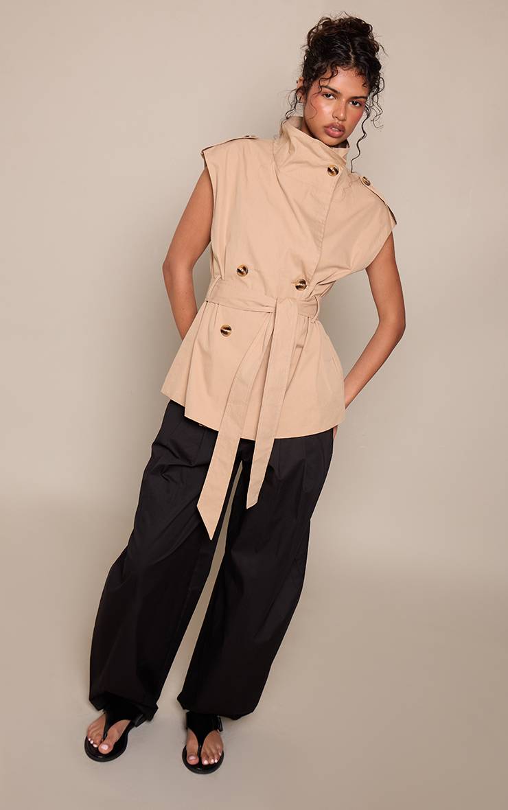 Beige Gilet Trench À Col Montant