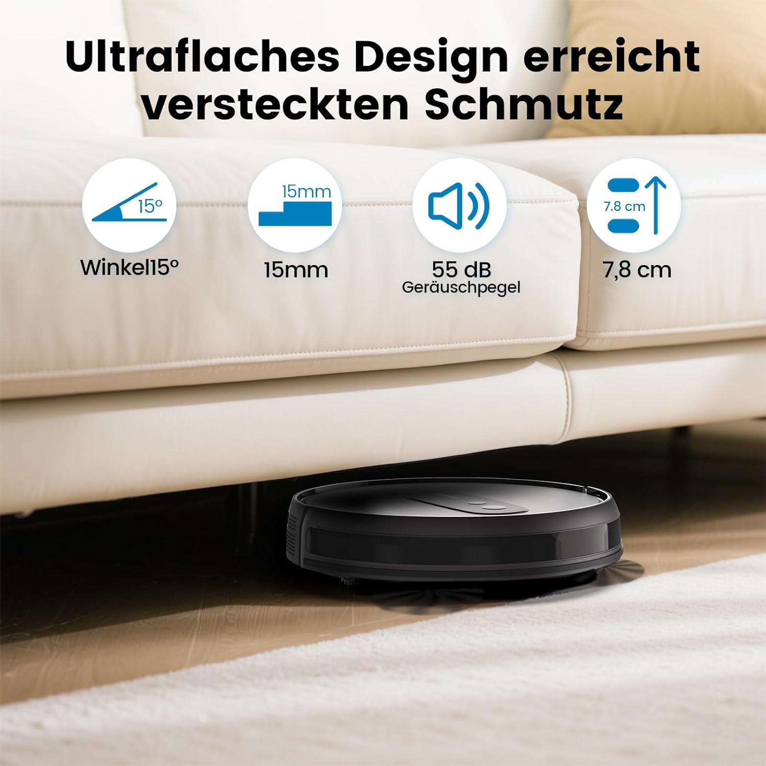 AIRROBO P25 Saugroboter, Staubsauger Roboter 2800 Pa, Schlank und Geräuscharm Roboterstaubsauger für Tierhaare Hartböden Teppich, APP Steuerung, 120Mins Max, Fernbedienung (Schwarz)
