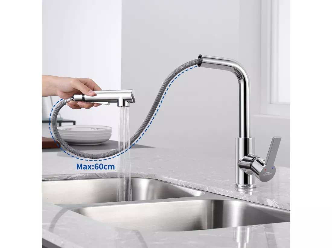 AuraLum Max Mitigeur Cuisine avec Douchette Extractible Robinet Cuisine Rotatif 360°,En 7 forme,Chrome,Mélangeur Evier Eau Chaude/Froide,EU Modèle