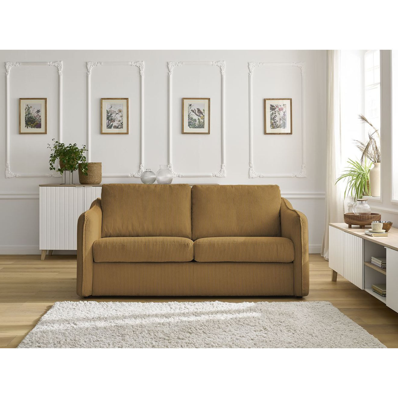 Bobochic Canapé droit convertible express en Velours côtelé 3 places Lenny jaune - 178x102x89 cm