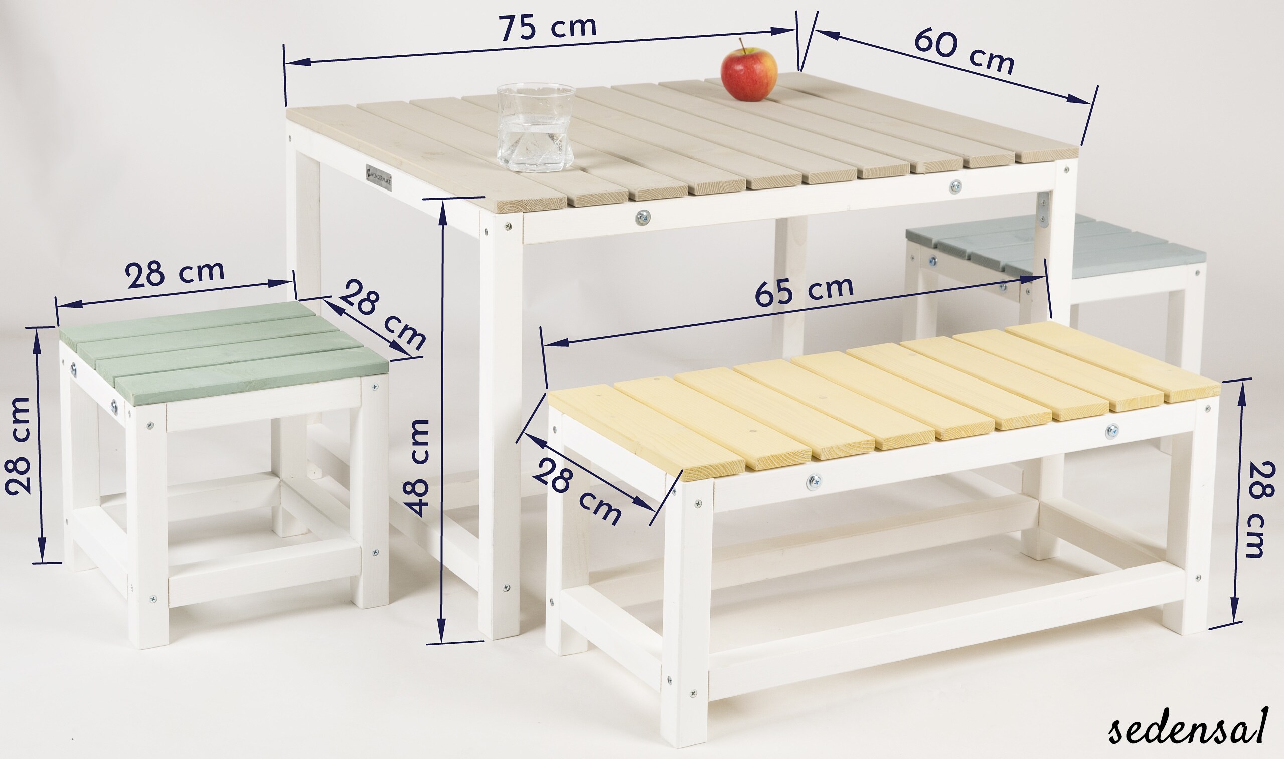 WONDERMAKE® Design Kindersitzgruppe Outdoor Garten Holz mit Abdeckung, Kinder-Sitzgarnitur Indoor Picknick-Gruppe ab 3 Jahre, weiß bunt