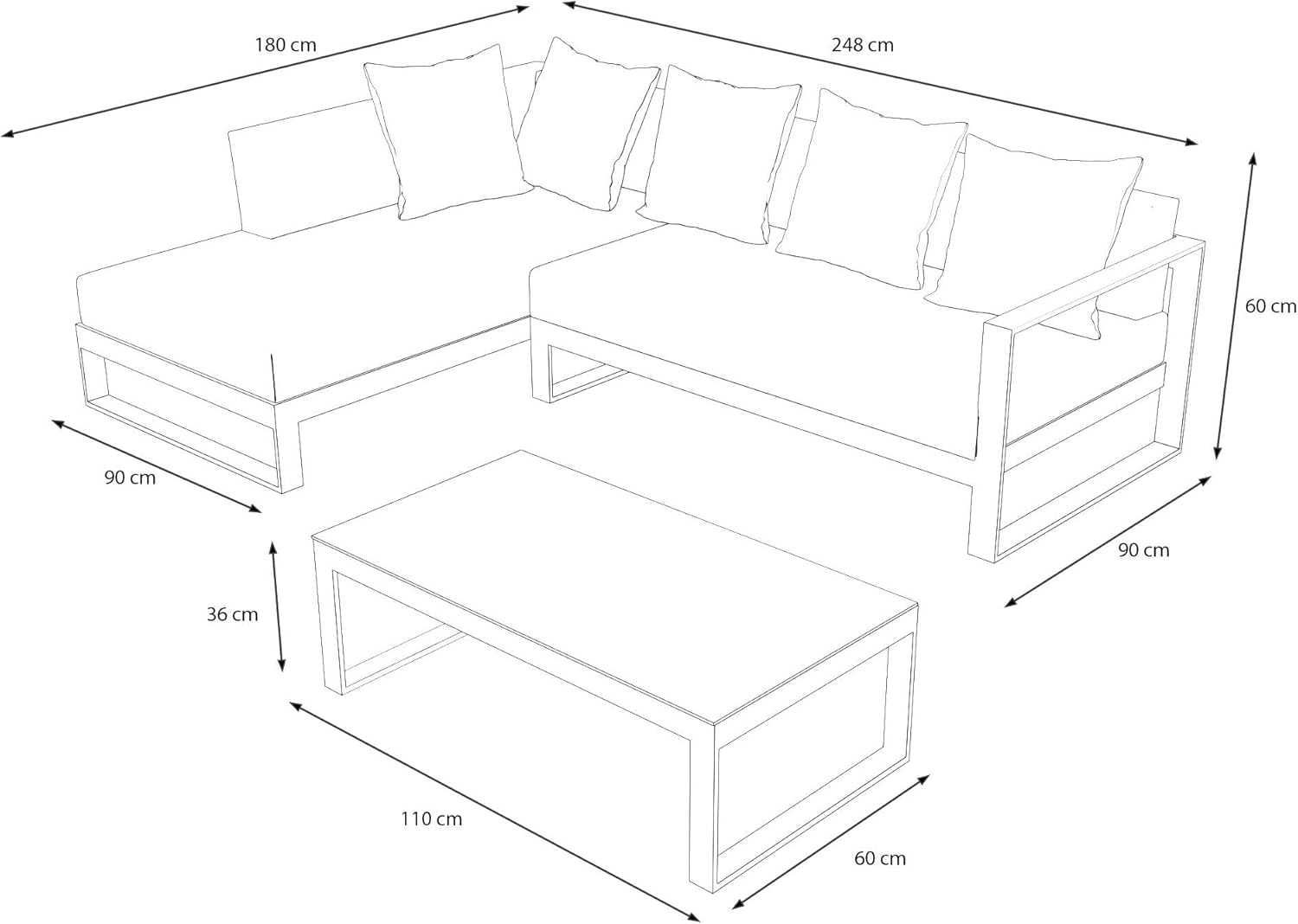 OUTFLEXX Willis Loungemöbel, grau, Aluminium, 5 Personen, Tisch 110x60x36 cm, Tischplatte aus Glas