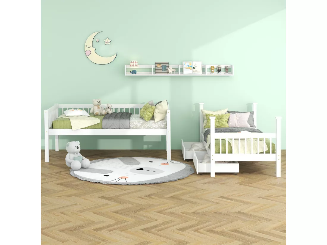 Lits superposés amovible 2 x 90 x 200 cm en bois MDF et pin - 2 tiroirs et étagère de rangement - Blanc