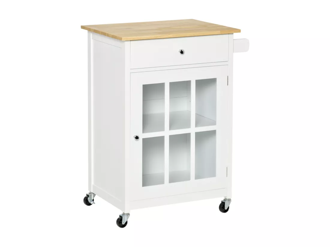 Desserte de cuisine à roulettes multi-rangement - placard porte vitrée avec étagère réglable, tiroir, porte-torchon - blanc aspect chêne clair